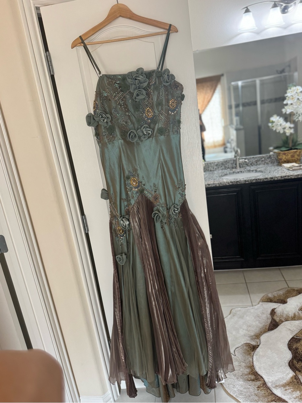 Green Floral-Appliqué Prom Gown with Sheer Pleated Panels